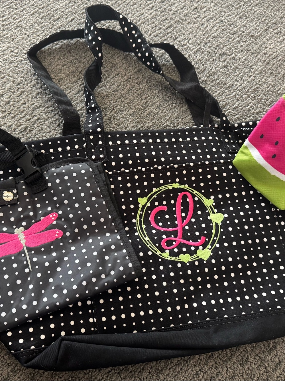 thirty-one tote w/L, 4 pocket zip organizer w/dragonfly and watermelon pouch